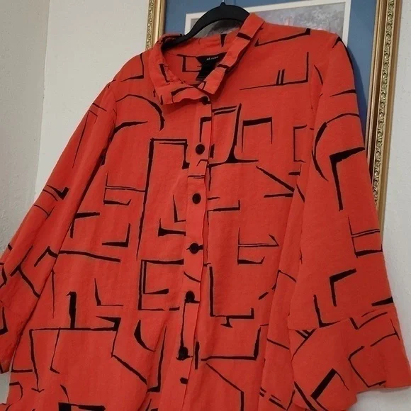 Ali Miles Artsy Art to wear Blouse XL Zipper Back Ruffle Sleeve Collegiate Lux - Picture 8 of 14